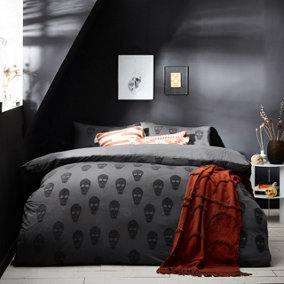 The Linen Yard Skulls Double Duvet Cover Set, Cotton, Charcoal