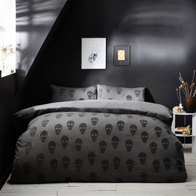 The Linen Yard Skulls Double Duvet Cover Set, Cotton, Charcoal