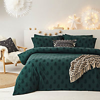 The Linen Yard Tufted Tree Double Duvet Cover Set, Cotton, Pine Green