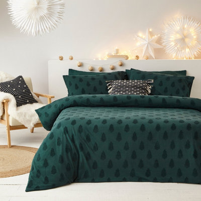 The Linen Yard Tufted Tree Double Duvet Cover Set, Cotton, Pine Green