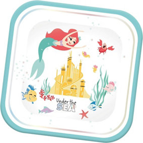 The Little Mermaid Under The Sea Paper Square Ariel Party Plates (Pack of 4) White/Turquoise (One Size)