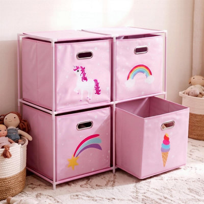 The Magic Toy Shop Kids Cube Storage Unit with 4 Pink Unicorn ...