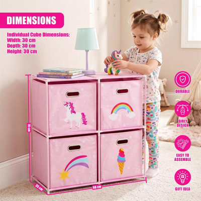 The Magic Toy Shop Kids Cube Storage Unit with 4 Pink Unicorn ...