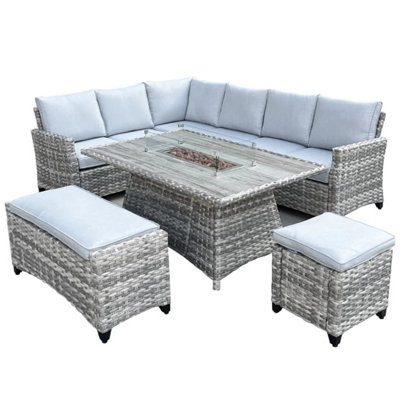 The Maldives Grey Aluminium 9 Seat Corner Gas Firepit Rattan Dining Set ...