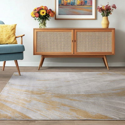 The Rug Edit Viva Swirl Grey Gold Living Room Rug 200x275cm