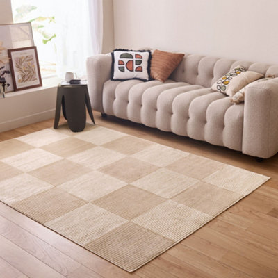 THE RUGS Aura Collection  Area Rugs with Modern Checkered Design in Grey and Beige 6040