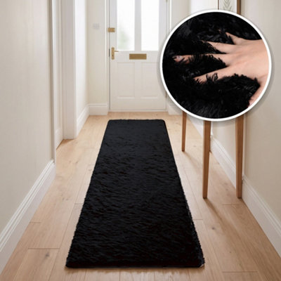The Rugs Black Lush Shaggy Plain Rug Washable Non-Slip High Pile Soft ...