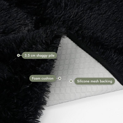 The Rugs Black Lush Shaggy Plain Rug Washable Non-Slip High Pile Soft ...