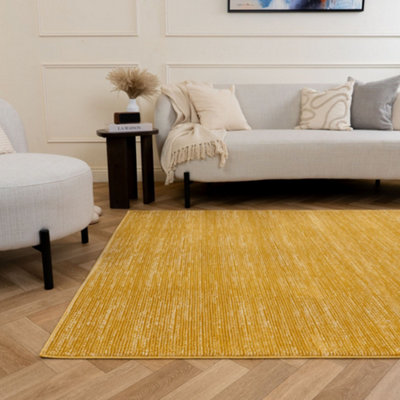 The Rugs Carmel Gold Striped Area Rug Soft Durable Pet Friendly Easy to ...