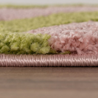 The Rugs Joli Green and Pink Chequered Rug Soft Dense Pile Easy to ...