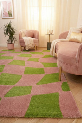 The Rugs Joli Green and Pink Chequered Rug Soft Dense Pile Easy to ...