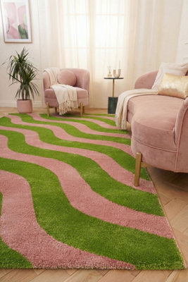 The Rugs Joli Green and Pink Wavy Rug Soft Dense Pile Easy to Clean and ...