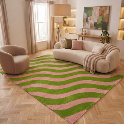 The Rugs Joli Green and Pink Wavy Rug Soft Dense Pile Easy to Clean and ...