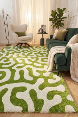 The Rugs Joli Green and White Abstract Doodle Rug Soft Dense Pile Easy ...