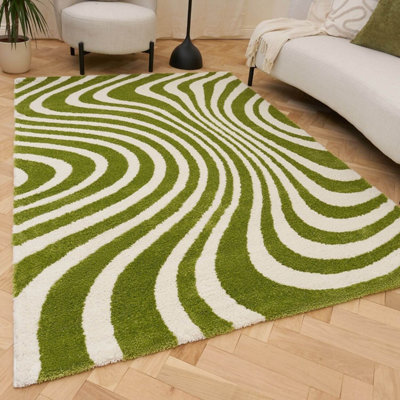 The Rugs Joli Green and White Striped Rug Soft Dense Pile Easy to Clean ...