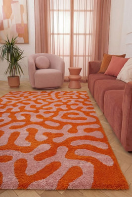The Rugs Joli Orange and Pink Abstract Doodle Rug Soft Dense Pile Easy ...