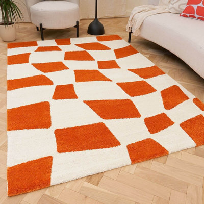 The Rugs Joli Orange and White Chequered Rug Soft Dense Pile Easy to ...