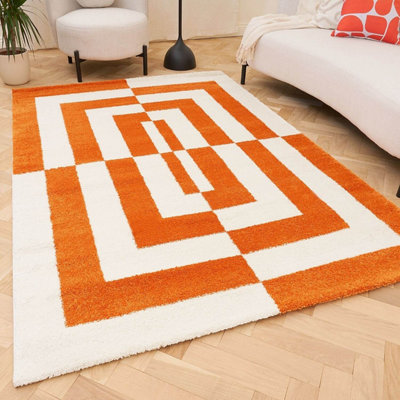 The Rugs Joli Orange and White Geometric Rug Soft Dense Pile Easy to ...