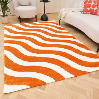 The Rugs Joli Orange and White Wavy Rug Soft Dense Pile Easy to Clean ...