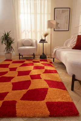 The Rugs Joli Red and Orange Chequered Rug Soft Dense Pile Easy to ...