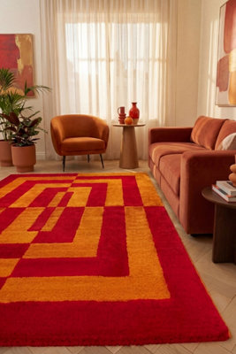 THE RUGS JOLI RED AND ORANGE GEOMETRIC RUG SOFT DENSE PILE EASY TO ...