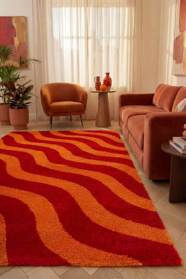 THE RUGS JOLI RED AND ORANGE WAVY RUG SOFT DENSE PILE EASY TO CLEAN AND ...