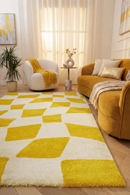 The Rugs Joli Yellow and White Chequered Rug Soft Dense Pile Easy to ...