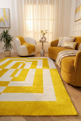 The Rugs Joli Yellow and White Geometric Rug Soft Dense Pile Easy to ...