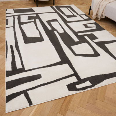 The Rugs Loft Dark Grey and Ivory Abstract Geometric Living Room Area ...