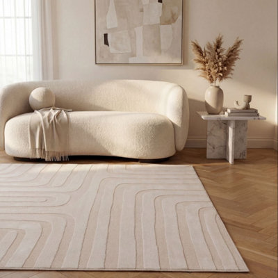 The Rugs Loft Ivory Curved Line Living Room Area Rug and Runners Soft Pile