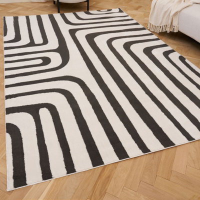 The Rugs Loft Ivory Curved Line Living Room Area Rug and Runners Soft Pile