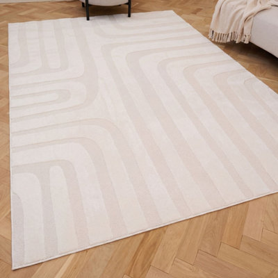 The Rugs Loft Ivory Curved Line Living Room Area Rug and Runners Soft Pile