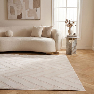 The Rugs Loft Ivory Herringbone Living Room Area Rug and Runners Soft Pile