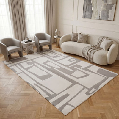The Rugs Loft Light Grey and Ivory Abstract Geometric Living Room Area ...