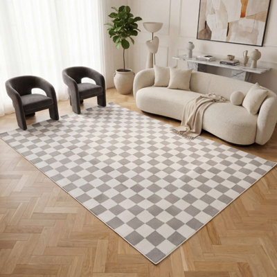 The Rugs Loft Light Grey and Ivory Checkerboard Living Room Area Rug ...