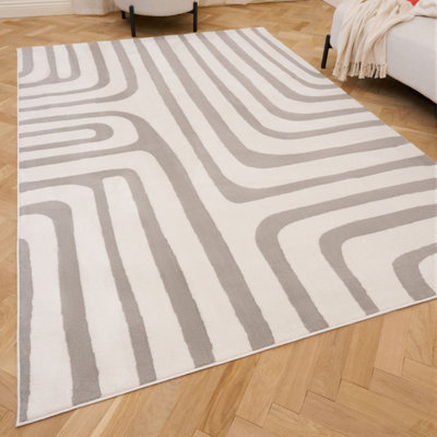 The Rugs Loft Light Grey and Ivory Curved Line Living Room Area Rug and ...