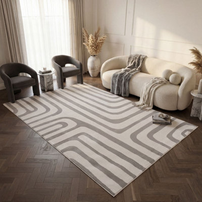 The Rugs Loft Light Grey and Ivory Curved Line Living Room Area Rug and ...