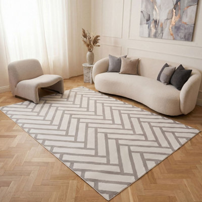 The Rugs Loft Light Grey and Ivory Herringbone Living Room Area Rug and ...