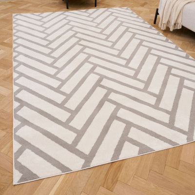 The Rugs Loft Light Grey and Ivory Herringbone Living Room Area Rug and ...