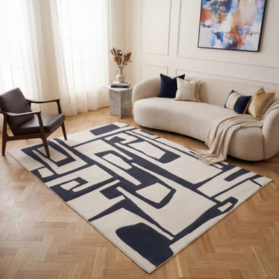 The Rugs Loft Navy and Ivory Abstract Geometric Living Room Area Rug ...