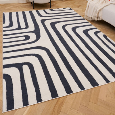 The Rugs Loft Navy and Ivory Curved Line Living Room Area Rug and ...