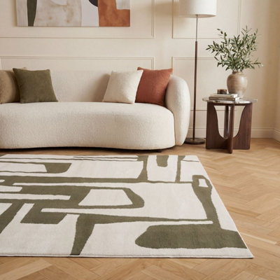 The Rugs Loft Olive and Ivory Abstract Geometric Living Room Area Rug ...