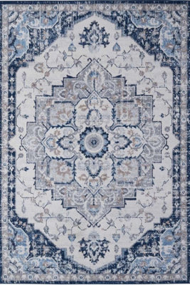 The Rugs Montana Navy Cream Oriental Area Rug and Runner Soft Durable ...