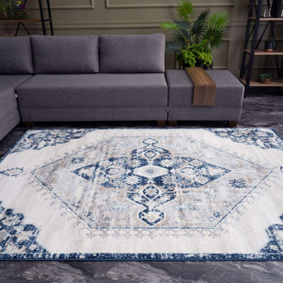 The Rugs Montana Navy Cream Oriental Area Rug and Runner Soft Durable ...