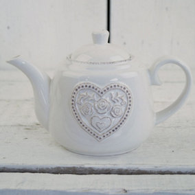 The Satchville Gift Company White Ceramic Teapot with Floral Heart Detail