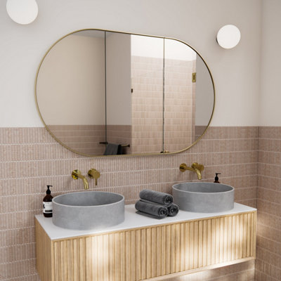 The Style Haus Satin Brass Oval Mirror Cabinet H760 x W1200mm