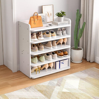 The White 5 Tier MDF Shoe Rack at the Entrance for 15 Pairs of Shoes
