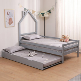 THEO KIDS CHILDRENS WOODEN HOUSE TREEHOUSE SINGLE  BED FRAME WITH GUEST TRUNDLE BED (Grey)