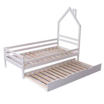 Theo Kids Childrens Wooden House Treehouse Single  Bed Frame With Guest Trundle Bed (White)