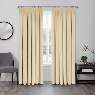 Thermal Insulated Blackout Curtains Soft Pencil Pleat Curtain for Bedroom Living Room 90x90 inches Cream Two Panels